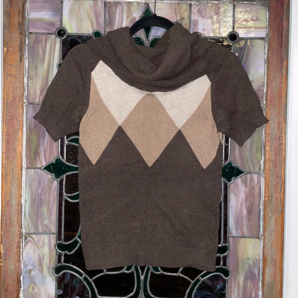 The Limited 100% Cotton Brown Argyle Short-Sleeve Cowl Neck Sweater